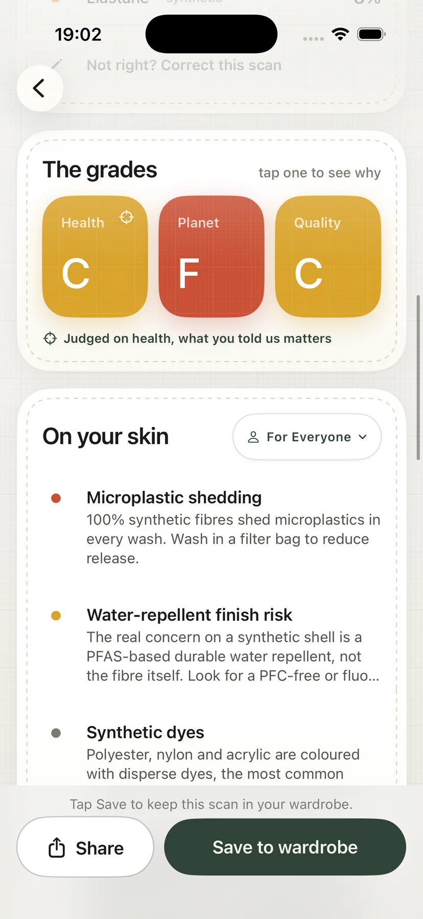 Health, planet and quality grades with the on-your-skin findings