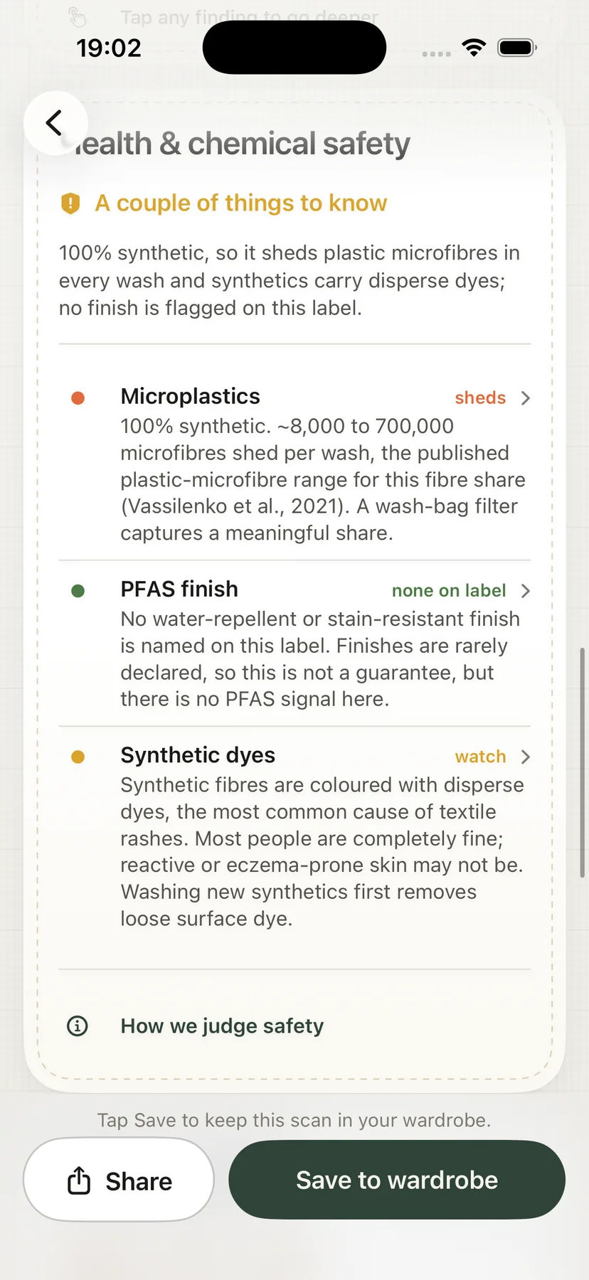 Health and chemical safety card: microplastics, PFAS finish and dyes